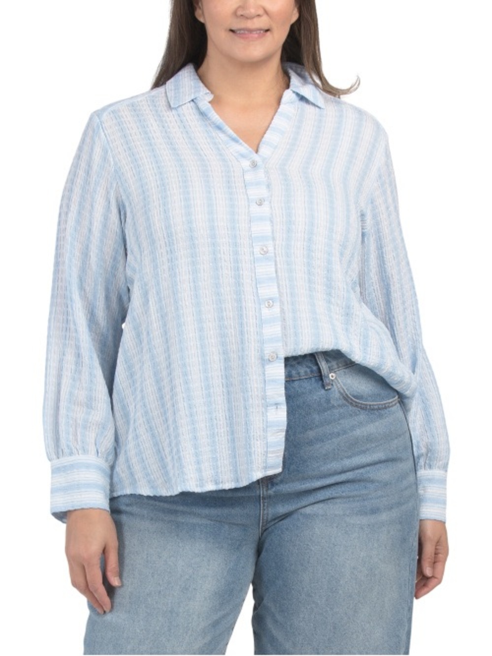 JANE & DELANCEY
Plus Striped Button Front Shirt